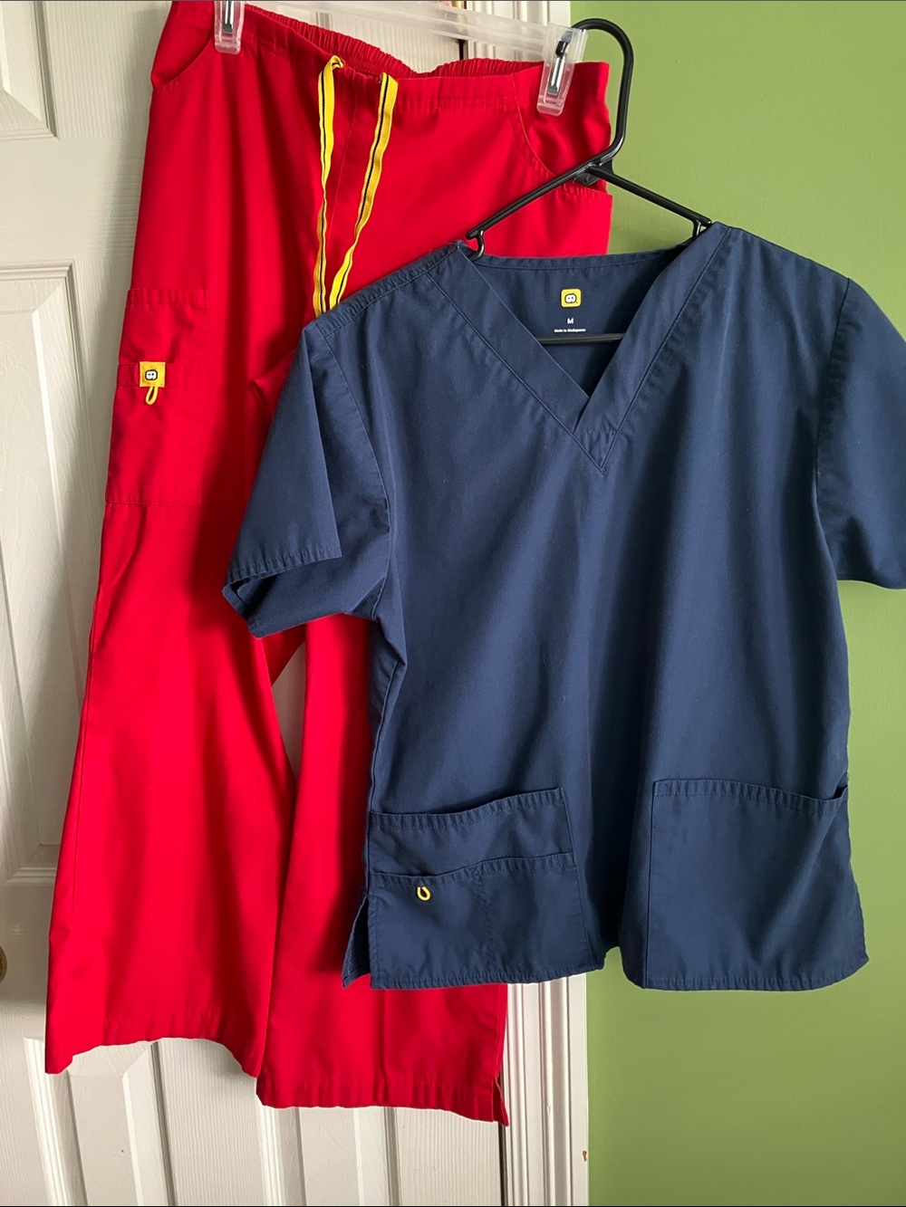 WonderWink Women’s Navy Top with Red Pants and Yellow Drawstrings